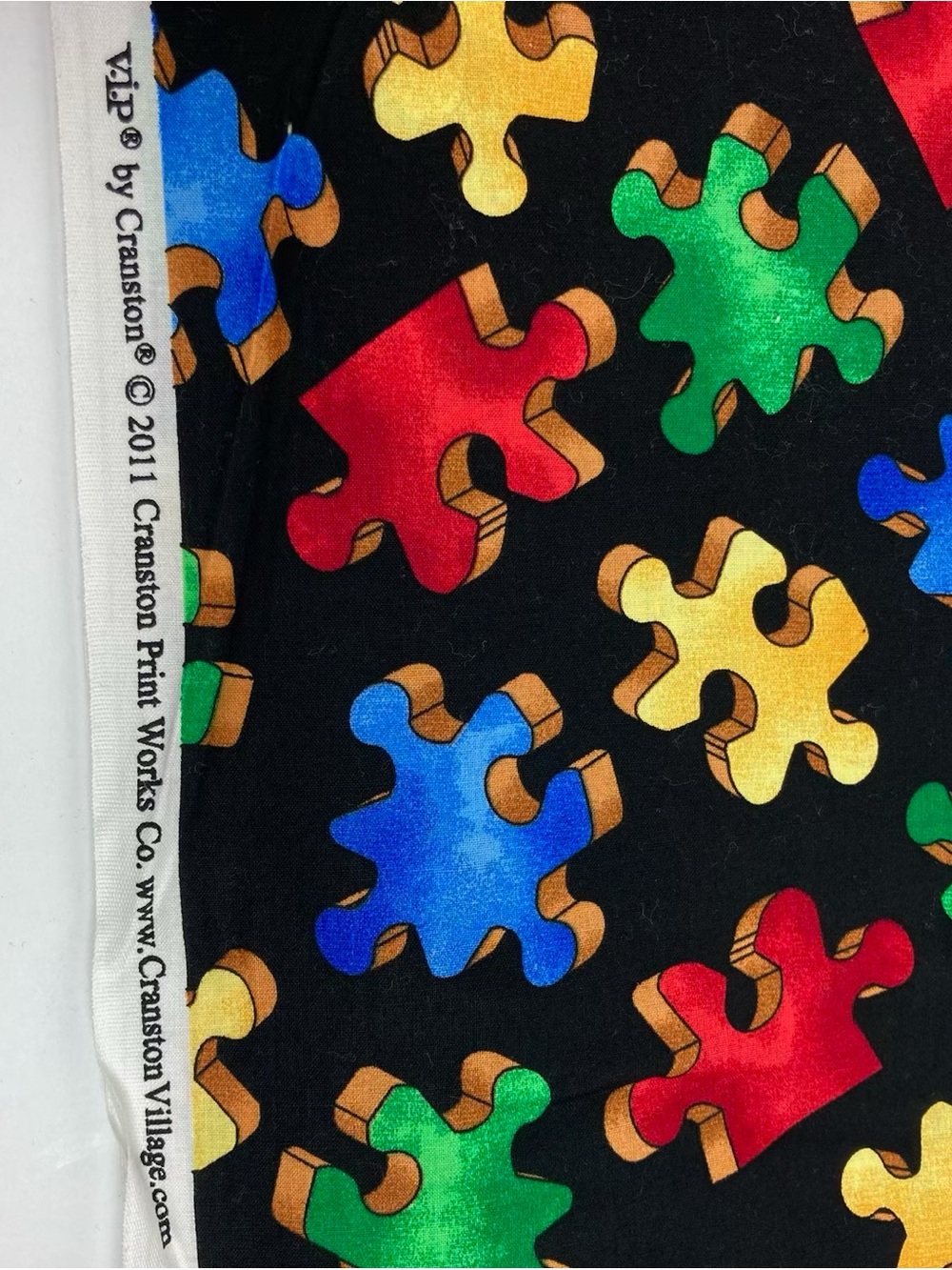 Cranston Autism Awareness Puzzle Pieces Black Fabric 1.75 Yrd By 42” New